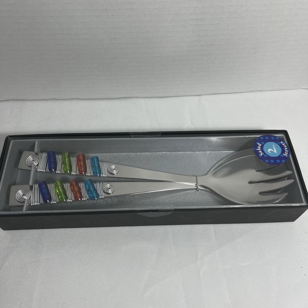 Wild Eye Designs 2 Piece Salad Server Set Colorful Wire Spiral Glass Beads NIB - Picture 5 of 5